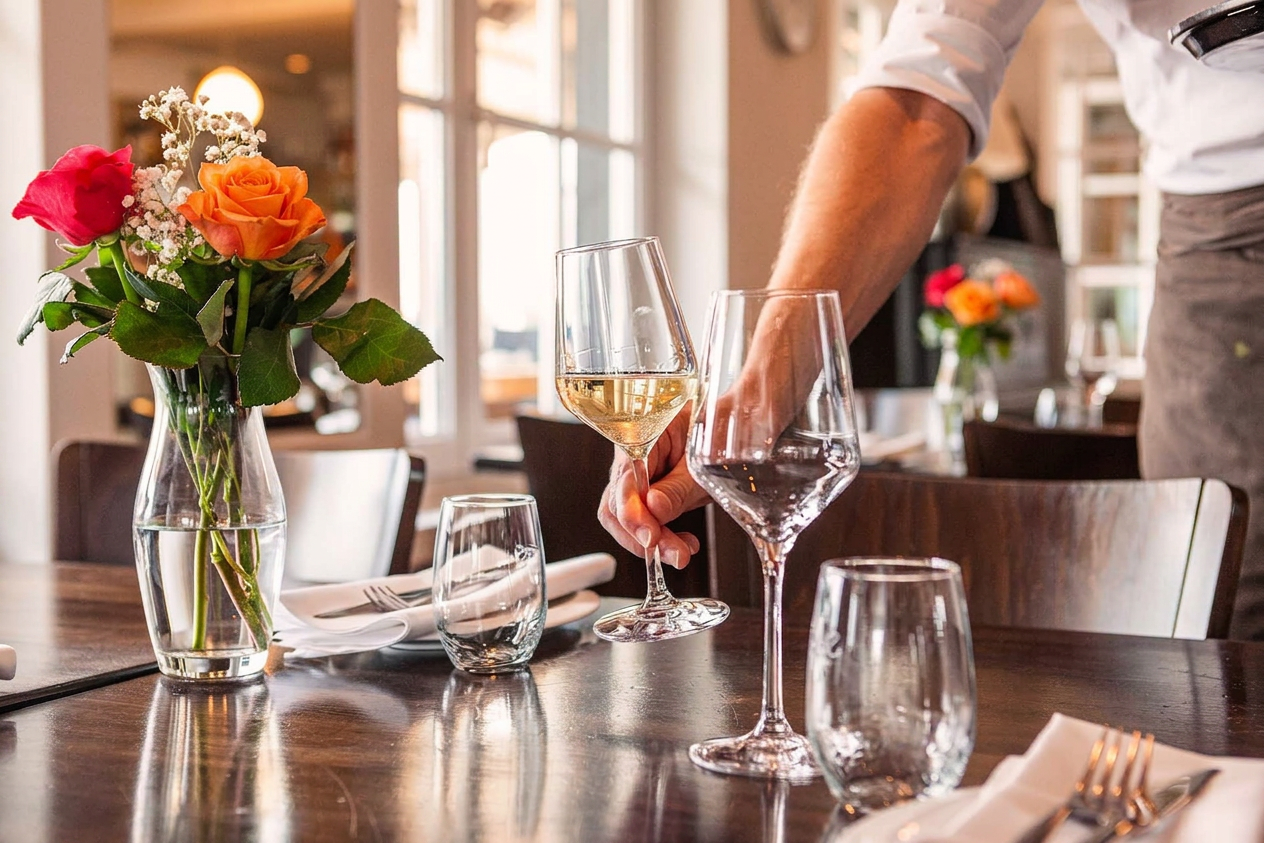 Gedeckter Tisch mit Wein und Service im Fährhaus