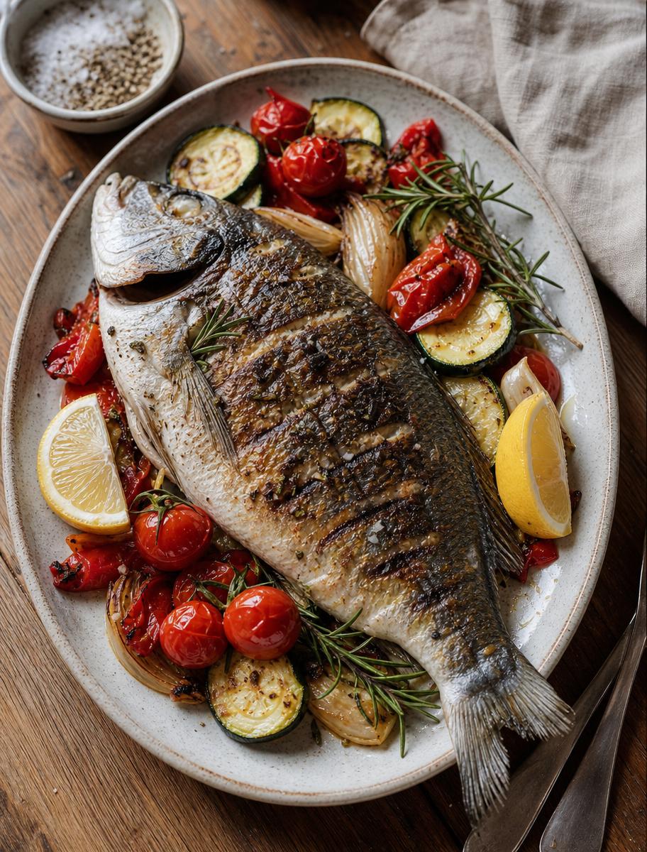 Dorade aus dem Ofen mit mediterranem Gemüse