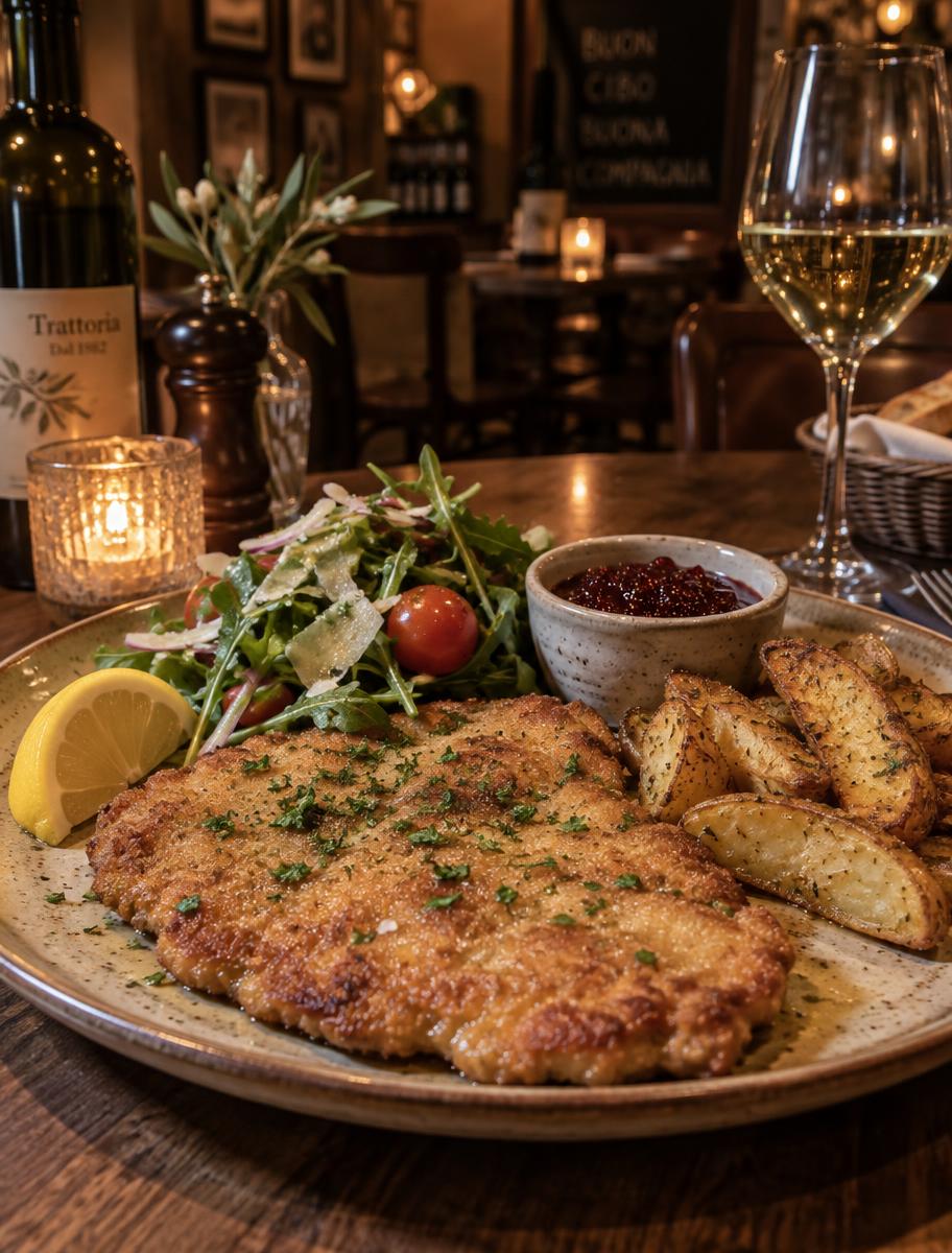 Paniertes Kalbschnitzel mit Salat und Kartoffelspalten