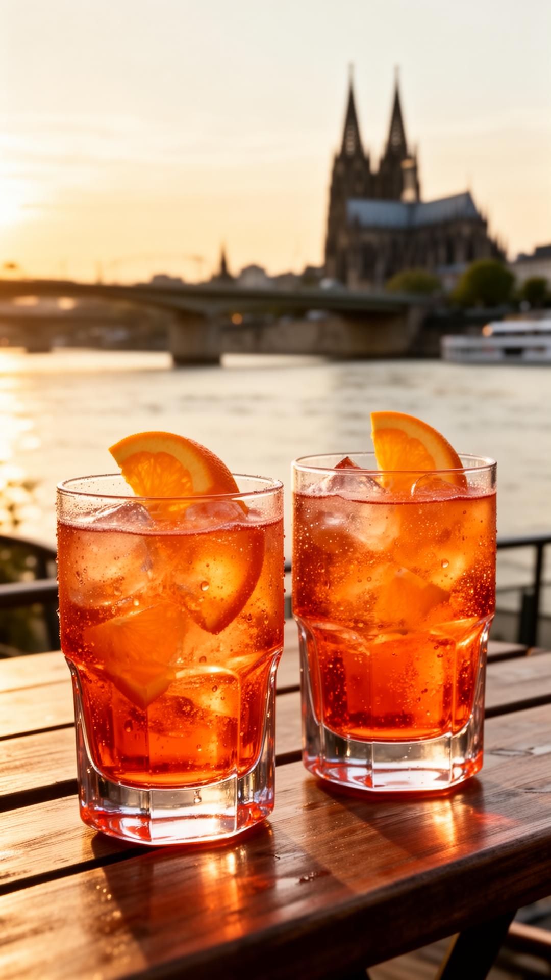 Aperol Spritz vor der Rheinkulisse mit Kölner Dom